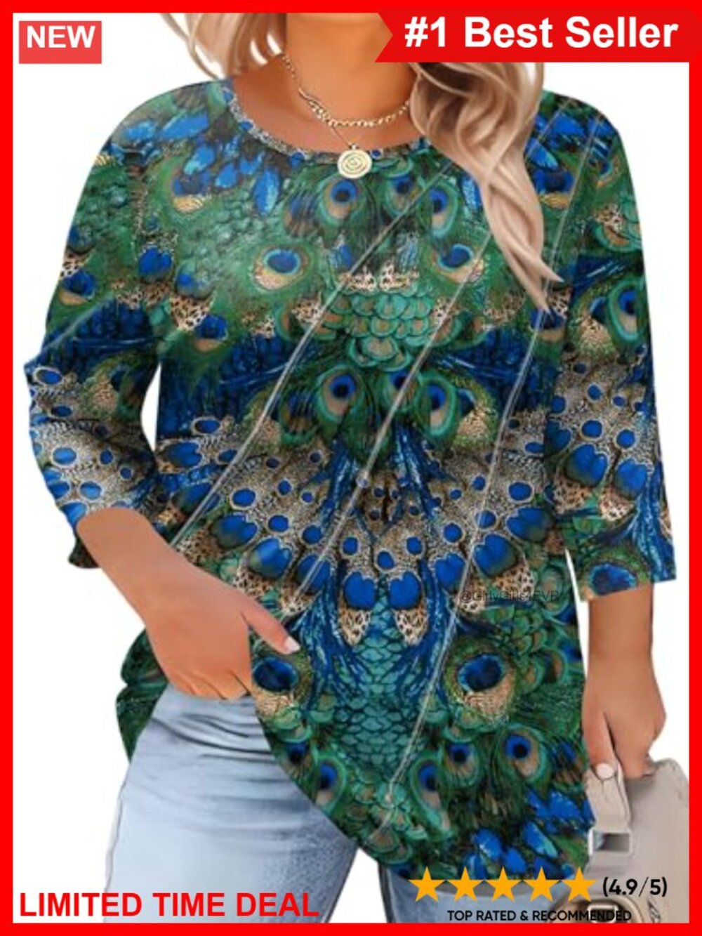 Plus Size 3/4 Sleeve Pleated Crewneck Blouse Stretchy Casual Work Top
